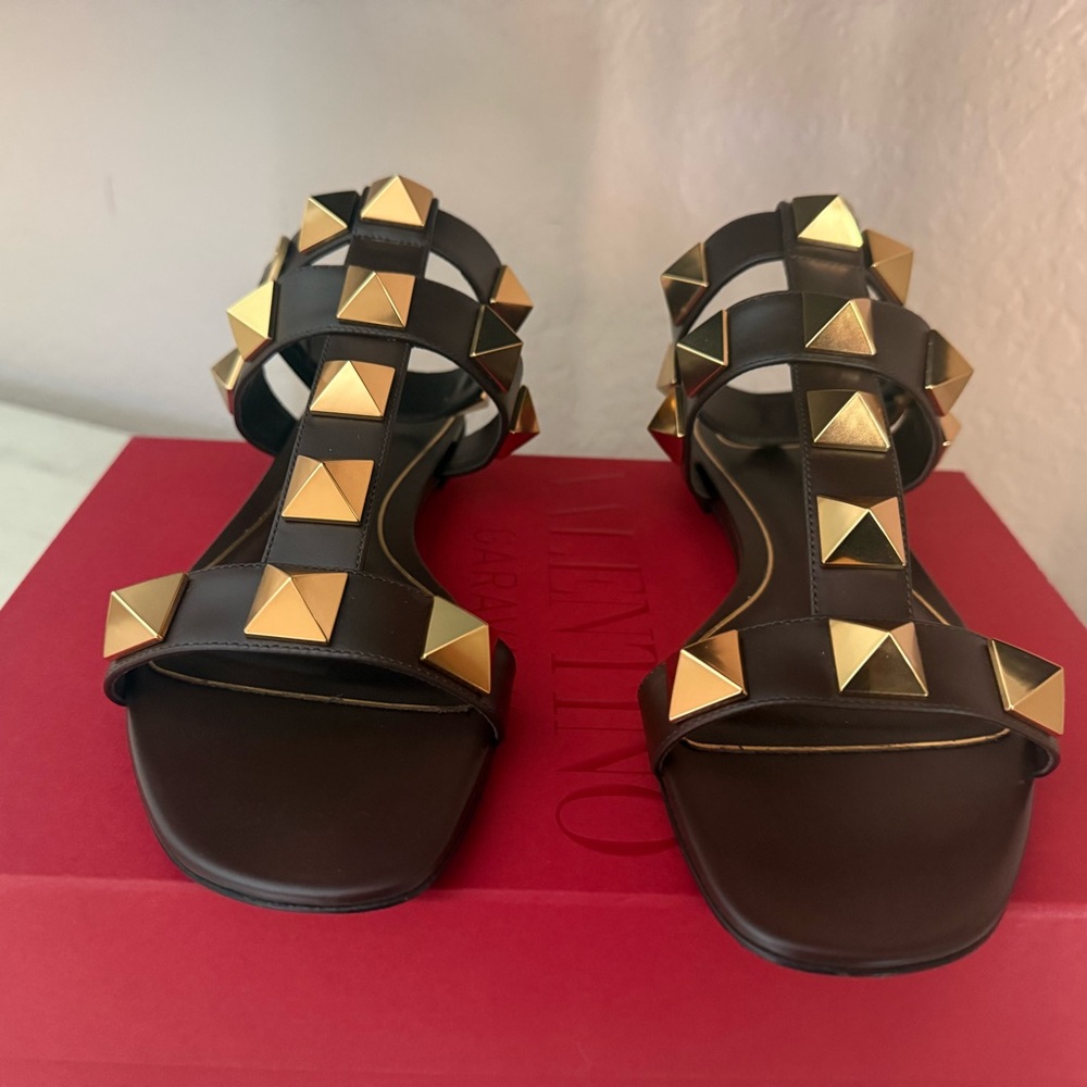 Valentino Black Leather Sandals with Gold Pyramid Studs